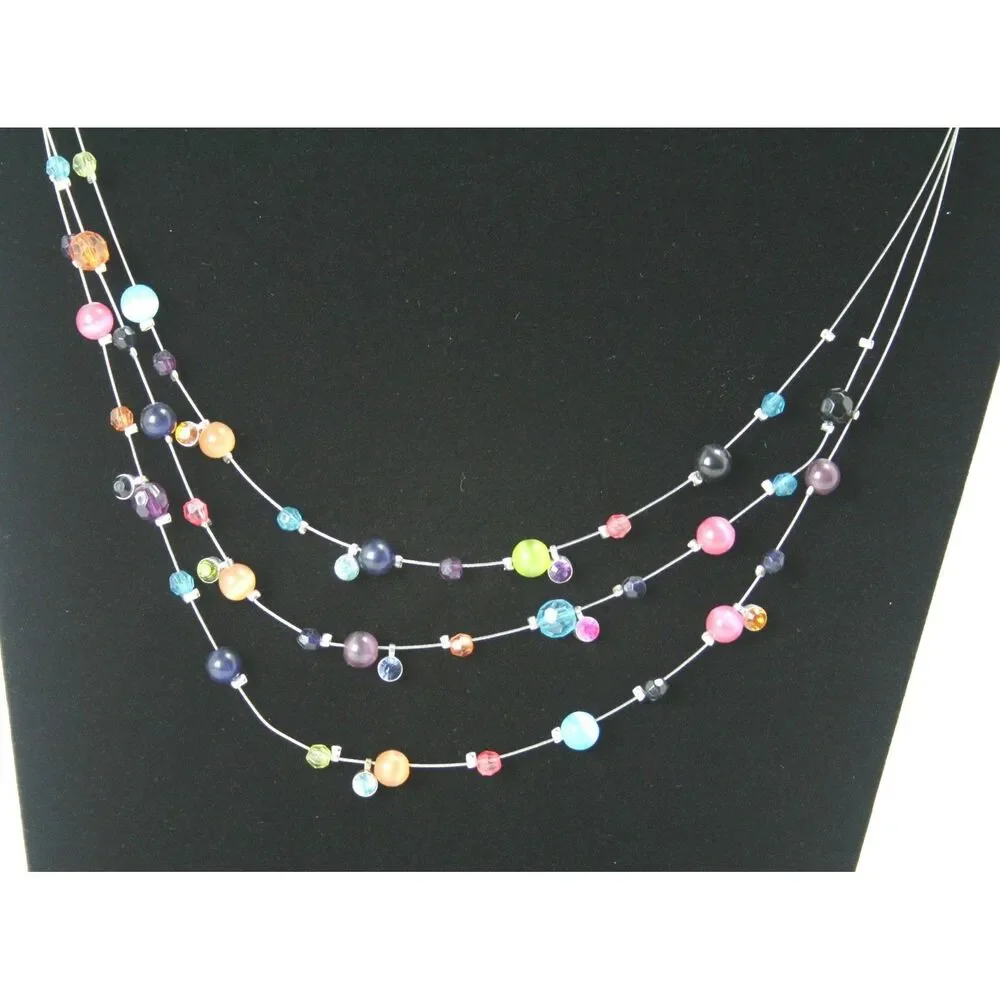 Multicolor Beaded Layered Illusion Necklace Silver Tone Floating Bead 19 Inch